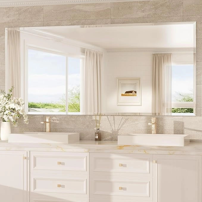 Beveled Rectangle Bathroom Vanity Mirror – Frameless  Wall Mirror with 1" Beveled Edge, Shatterproof Glass, Modern Decorative for Bathroom, Entryway, Living Room, or Restroom