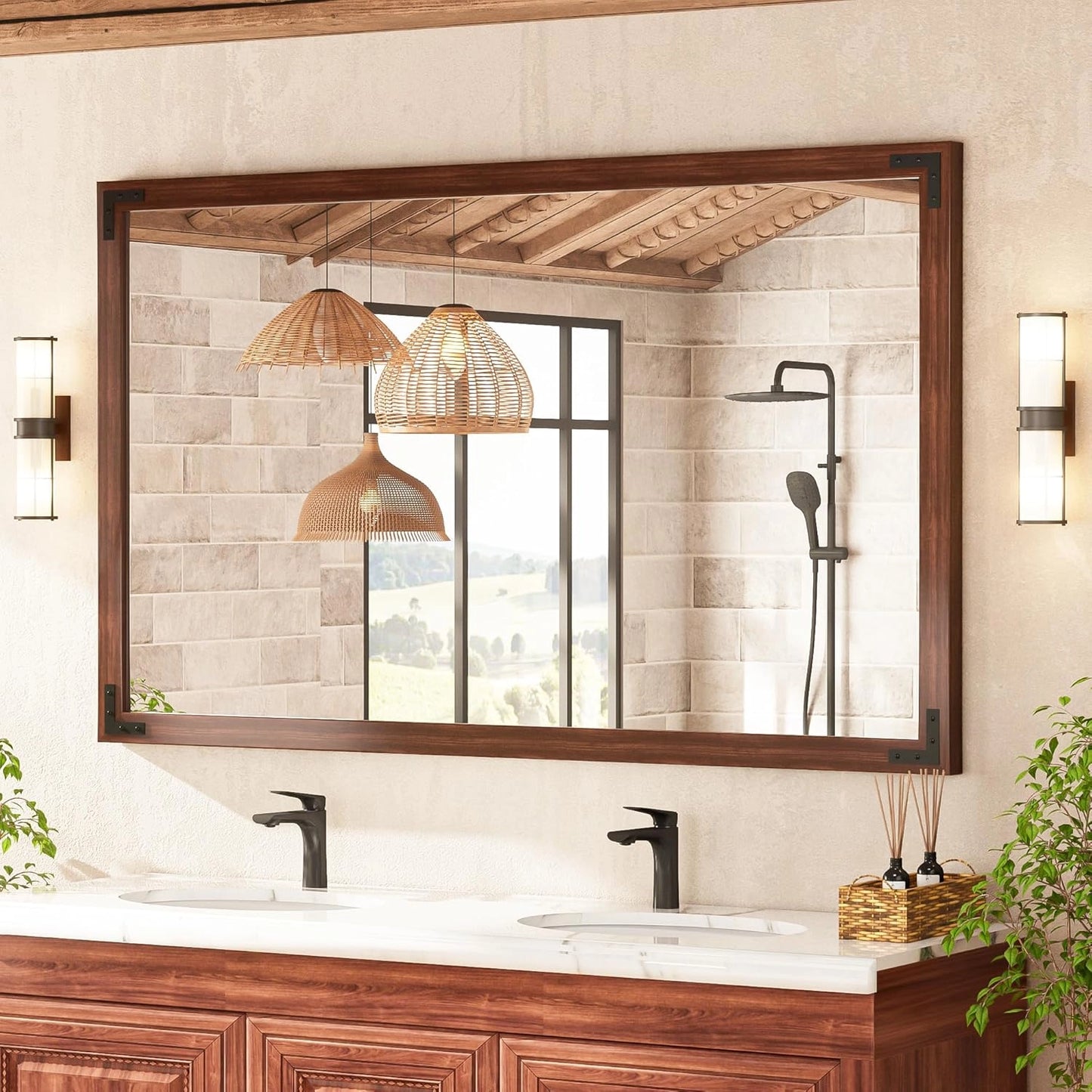 Wood Frame Bathroom Vanity Mirror for Wall – Farmhouse Vanity Mirror for Over Sink, Horizontal/Vertical Mount, Decorative Wooden Mirror for Bathroom, Living Room, Bedroom, Entryway