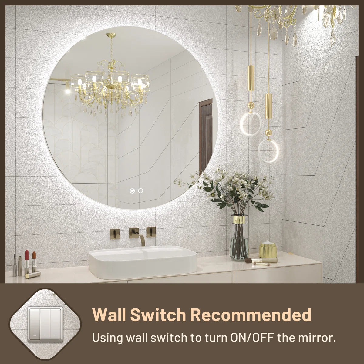 Backlit Round Bathroom Vanity Mirror – LED Lighted Vanity Circle Mirror, Anti-Fog, 3-Color Dimmable, Waterproof, Modern Bathroom Decor, Wall Mounted for Elegant Bathroom Design