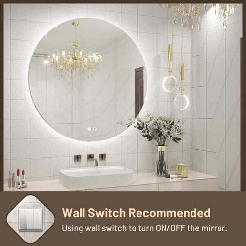 Backlit Round Bathroom Vanity Mirror – LED Lighted Vanity Circle Mirror, Anti-Fog, 3-Color Dimmable, Waterproof, Modern Bathroom Decor, Wall Mounted for Elegant Bathroom Design