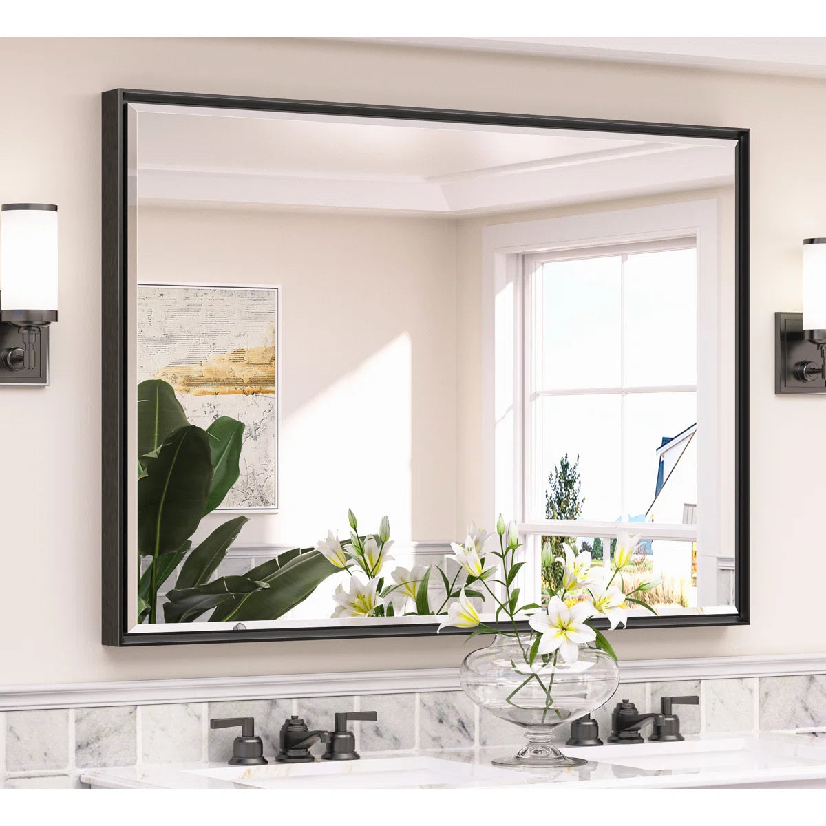 Rectangular Bathroom Vanity Mirror – Framed Wall-Mounted Mirror with Beveled Edge, Decorative Design for Over Sink, Modern Classic Style for Bathroom, Entryway, or Bedroom