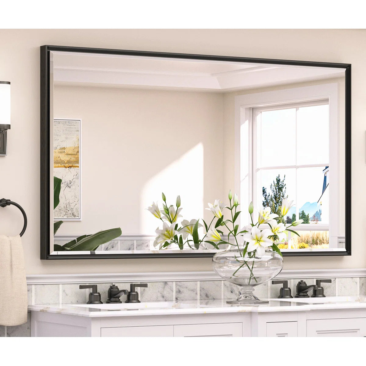 Rectangular Bathroom Vanity Mirror – Framed Wall-Mounted Mirror with Beveled Edge, Decorative Design for Over Sink, Modern Classic Style for Bathroom, Entryway, or Bedroom