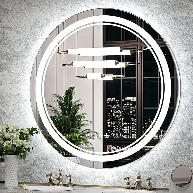 LED Round Bathroom Vanity Mirror – Front & Backlit Vanity Mirror with Double Light Strip, 3-Color Dimmable, CRI 90+, Anti-Fog, Memory Function, Wall-Mount Makeup Mirror