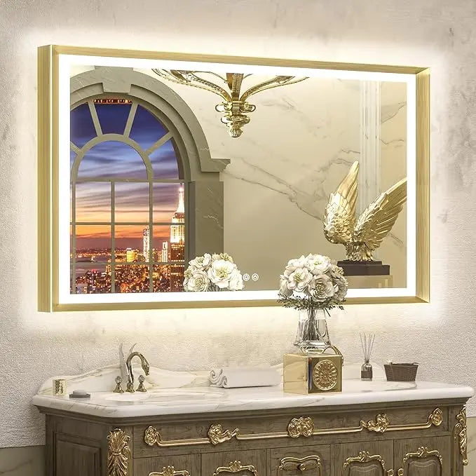 LED Bathroom Vanity Mirror with Frame – Front & Backlit, Aluminum Rectangle, Beveled Edge, 3-Color Stepless Dimmable, Anti-Fog, Memory Function, Wall-Mounted Lighted Mirror
