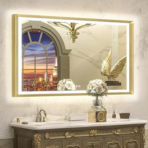 LED Bathroom Vanity Mirror with Frame – Front & Backlit, Aluminum Rectangle, Beveled Edge, 3-Color Stepless Dimmable, Anti-Fog, Memory Function, Wall-Mounted Lighted Mirror