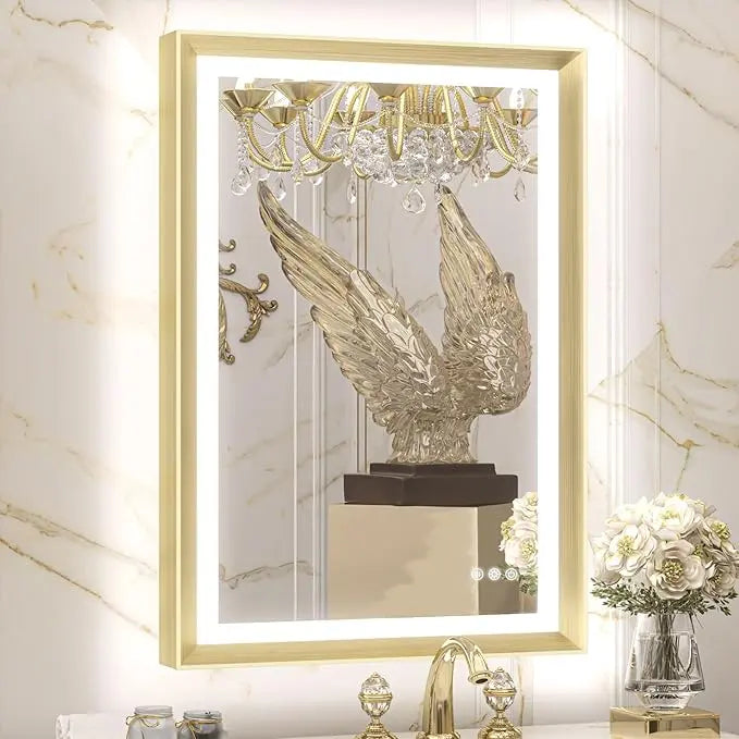 LED Bathroom Vanity Mirror with Frame – Front & Backlit, Aluminum Rectangle, Beveled Edge, 3-Color Stepless Dimmable, Anti-Fog, Memory Function, Wall-Mounted Lighted Mirror