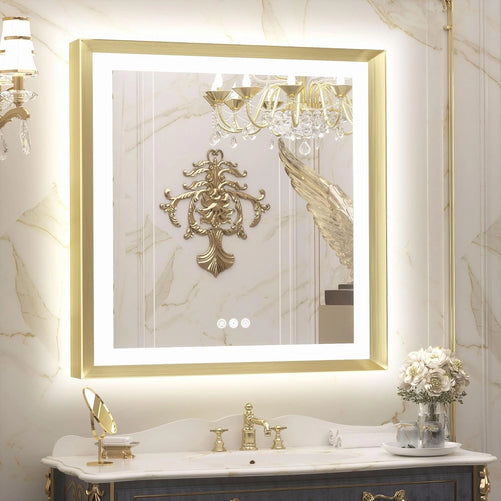 LED Bathroom Vanity Mirror with Frame – Front & Backlit, Aluminum Rectangle, Beveled Edge, 3-Color Stepless Dimmable, Anti-Fog, Memory Function, Wall-Mounted Lighted Mirror