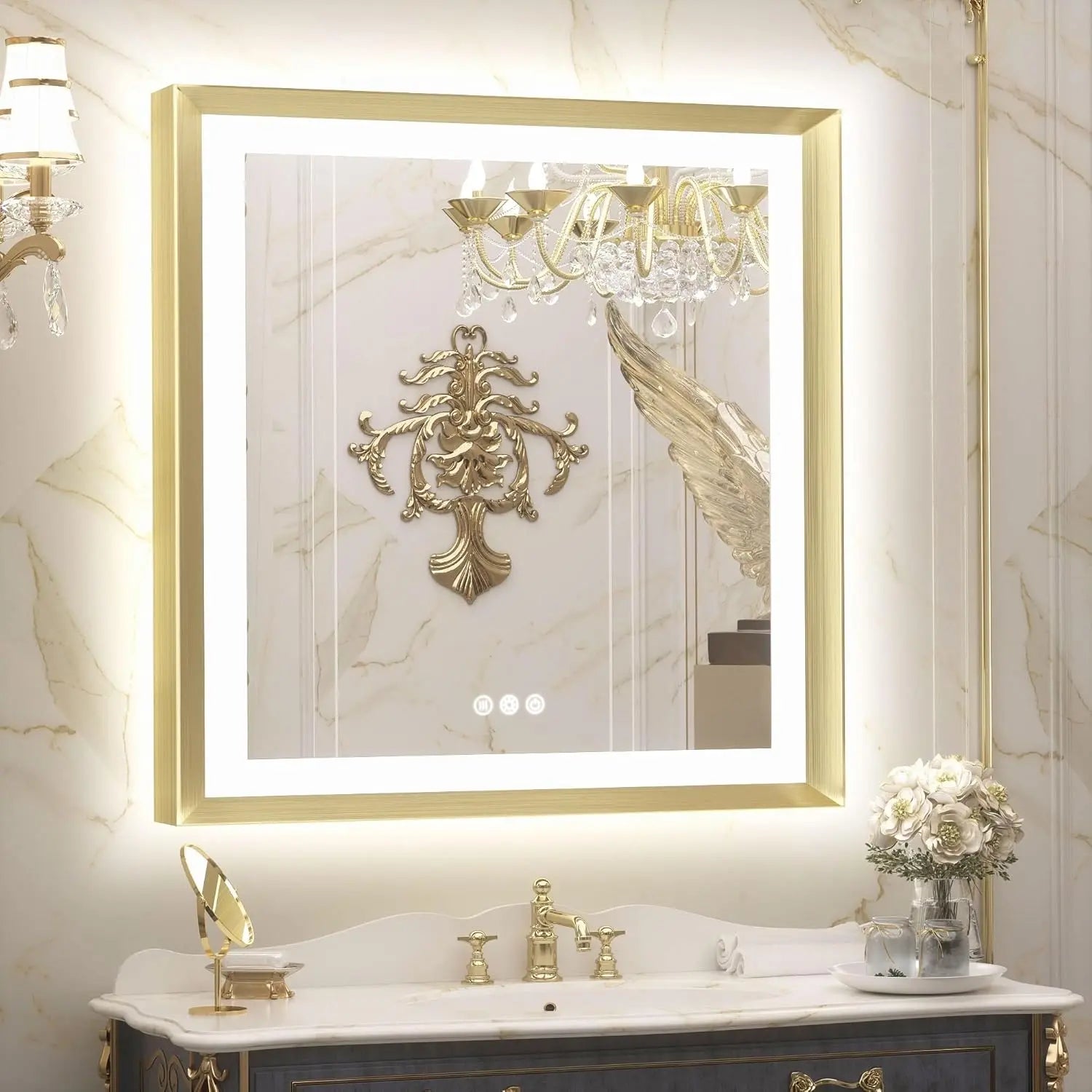 LED Bathroom Vanity Mirror with Frame – Front & Backlit, Aluminum Rectangle, Beveled Edge, 3-Color Stepless Dimmable, Anti-Fog, Memory Function, Wall-Mounted Lighted Mirror