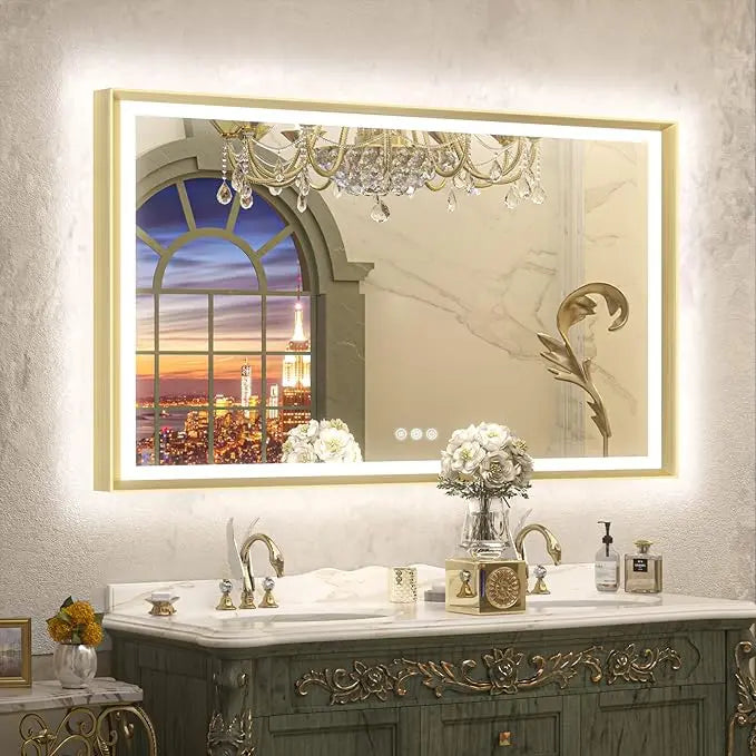 LED Bathroom Vanity Mirror with Frame – Front & Backlit, Aluminum Rectangle, Beveled Edge, 3-Color Stepless Dimmable, Anti-Fog, Memory Function, Wall-Mounted Lighted Mirror