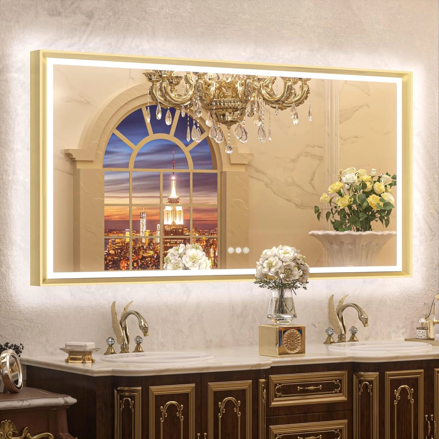 LED Bathroom Vanity Mirror with Frame – Front & Backlit, Aluminum Rectangle, Beveled Edge, 3-Color Stepless Dimmable, Anti-Fog, Memory Function, Wall-Mounted Lighted Mirror