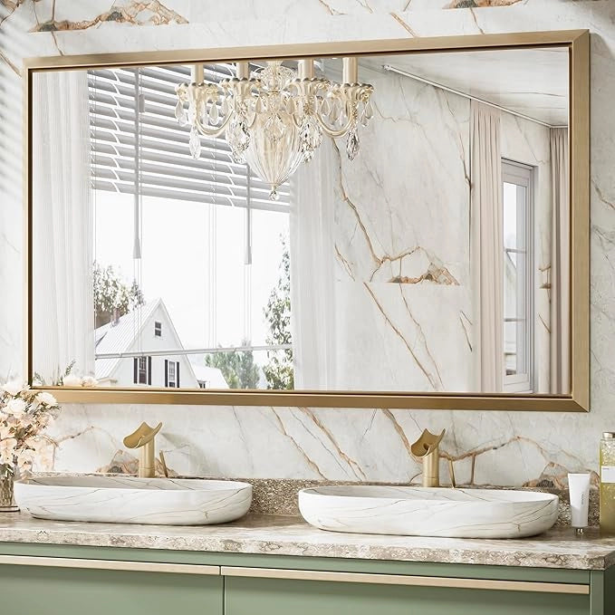 Metal Framed Bathroom Mirror – Rectangular Wall-Mounted, Modern Farmhouse Design, Horizontal/Vertical Mount for Bathroom, Entryway, and Restroom Décor – Stylish Mirror