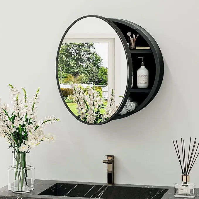 Round Bathroom Medicine Cabinet with Mirror – Metal Framed, Circular Farmhouse Design – Surface Mount Only – Small Wall-Mounted Vanity Mirror for Bathroom Storage & Stylish Décor