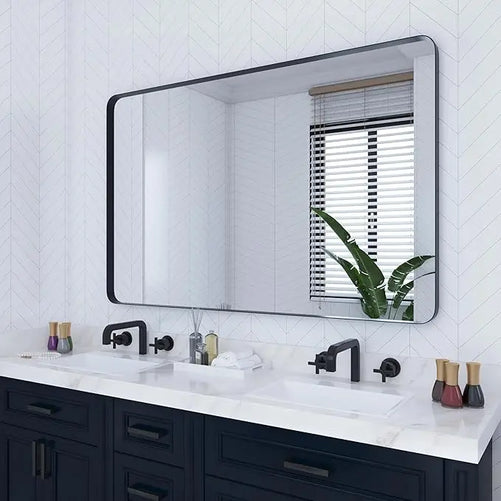 Aluminum Framed Bathroom Vanity Mirror – HD Tempered Glass Wall-Mounted Design, Ideal for Over-the-Sink Use, Supports Horizontal/Vertical Installation for Modern Décor