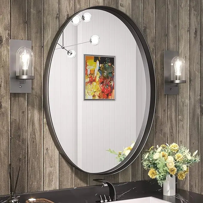 Modern Bathroom Oval Mirror with Non-Rusting Aluminum Frame – Wall-Mounted Vanity Mirror for Farmhouse or Minimalist Décor, Suitable for Vertical or Horizontal Installation