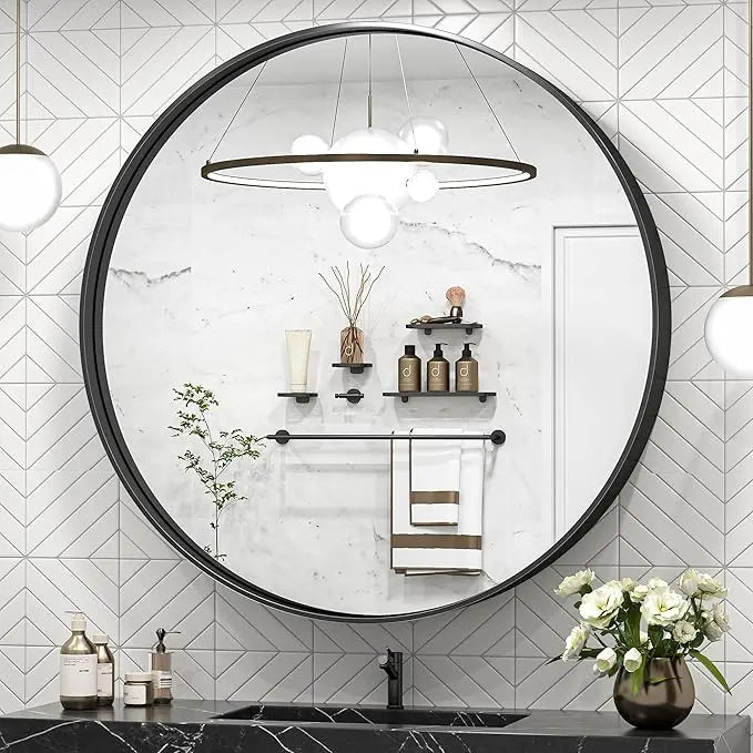 Modern Round Bathroom Wall Mirror – Sleek Minimalist Design with Brushed Matte Aluminum Alloy Frame, Non-Rusting, Perfect for Vanity, Bedroom, or Entryway Home Décor