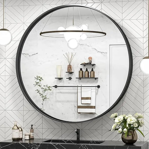 Modern Round Bathroom Wall Mirror – Sleek Minimalist Design with Brushed Matte Aluminum Alloy Frame, Non-Rusting, Perfect for Vanity, Bedroom, or Entryway Home Décor