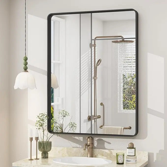 Aluminum Framed Bathroom Vanity Mirror – HD Tempered Glass Wall-Mounted Design, Ideal for Over-the-Sink Use, Supports Horizontal/Vertical Installation for Modern Décor