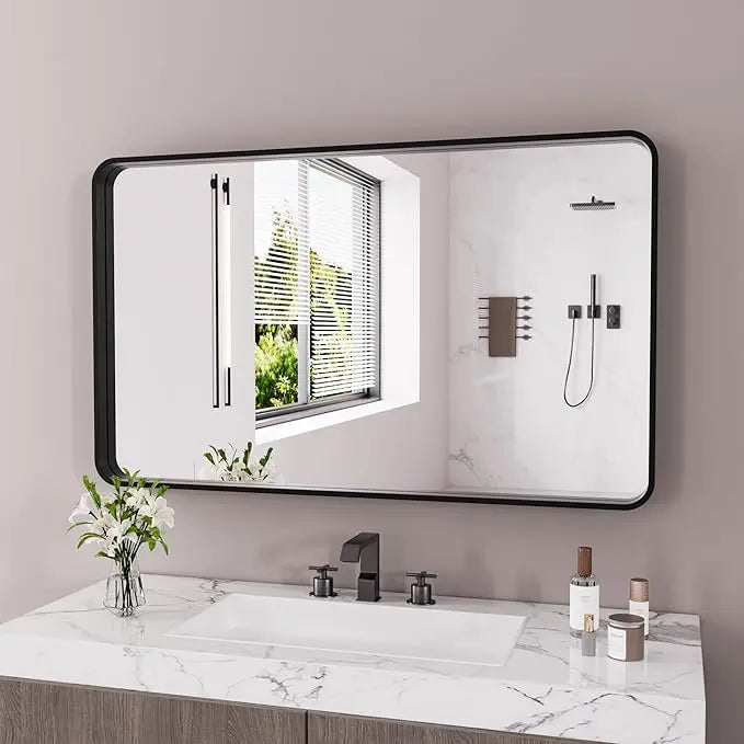 Aluminum Framed Bathroom Vanity Mirror – HD Tempered Glass Wall-Mounted Design, Ideal for Over-the-Sink Use, Supports Horizontal/Vertical Installation for Modern Décor