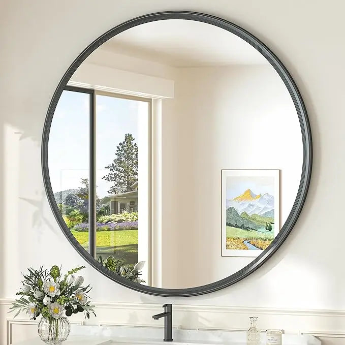Round Framed Bathroom Mirror – Modern Shatterproof Circle Wall Mirror for Vanity, Ideal for Farmhouse Bathrooms, Bedrooms, Entryways, Living Rooms, Stylish Accent for Any Interior