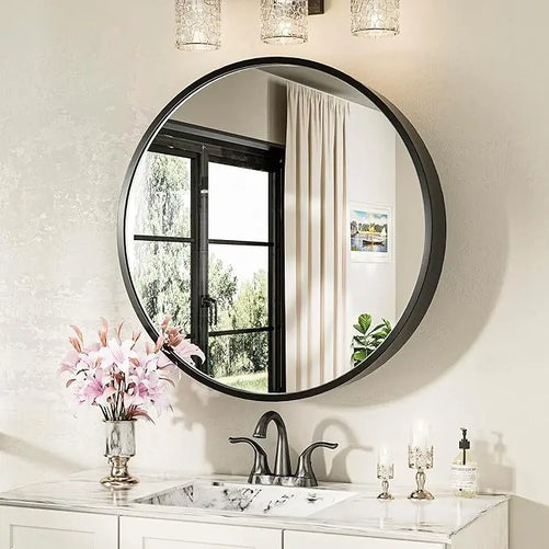 Round Bathroom Medicine Cabinet with Mirror – Metal Framed, Circular Farmhouse Design – Surface Mount Only – Small Wall-Mounted Vanity Mirror for Bathroom Storage & Stylish Décor