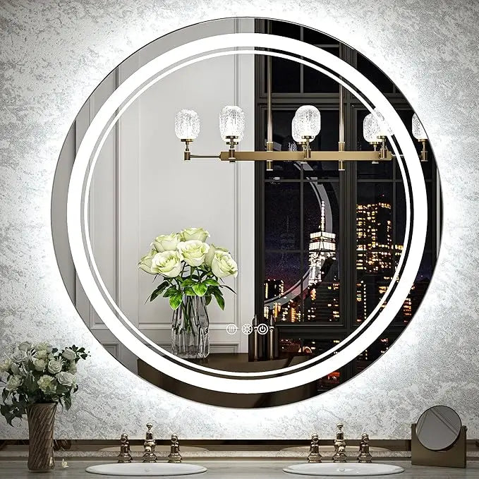 LED Round Bathroom Vanity Mirror – Front & Backlit Vanity Mirror with Double Light Strip, 3-Color Dimmable, CRI 90+, Anti-Fog, Memory Function, Wall-Mount Makeup Mirror