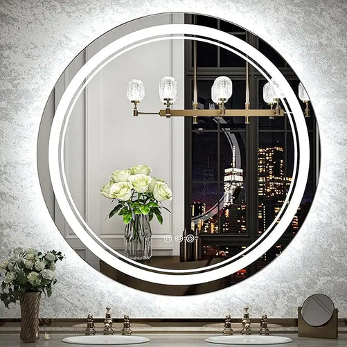 LED Round Bathroom Vanity Mirror – Front & Backlit Vanity Mirror with Double Light Strip, 3-Color Dimmable, CRI 90+, Anti-Fog, Memory Function, Wall-Mount Makeup Mirror