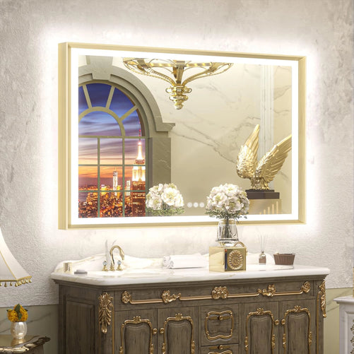 LED Bathroom Vanity Mirror with Frame – Front & Backlit, Aluminum Rectangle, Beveled Edge, 3-Color Stepless Dimmable, Anti-Fog, Memory Function, Wall-Mounted Lighted Mirror