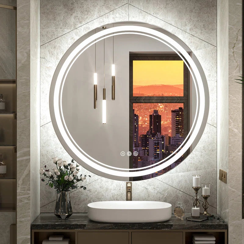 LED Round Bathroom Vanity Mirror – Front & Backlit Vanity Mirror with Double Light Strip, 3-Color Dimmable, CRI 90+, Anti-Fog, Memory Function, Wall-Mount Makeup Mirror