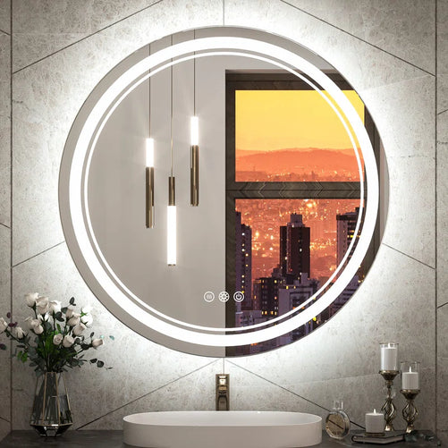LED Round Bathroom Vanity Mirror – Front & Backlit Vanity Mirror with Double Light Strip, 3-Color Dimmable, CRI 90+, Anti-Fog, Memory Function, Wall-Mount Makeup Mirror