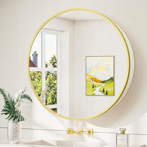 Round Bathroom Medicine Cabinet with Mirror – Metal Framed, Circular Farmhouse Design – Surface Mount Only – Small Wall-Mounted Vanity Mirror for Bathroom Storage & Stylish Décor