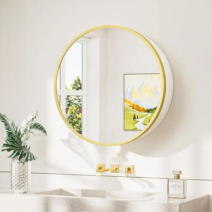 Round Bathroom Medicine Cabinet with Mirror – Metal Framed, Circular Farmhouse Design – Surface Mount Only – Small Wall-Mounted Vanity Mirror for Bathroom Storage & Stylish Décor