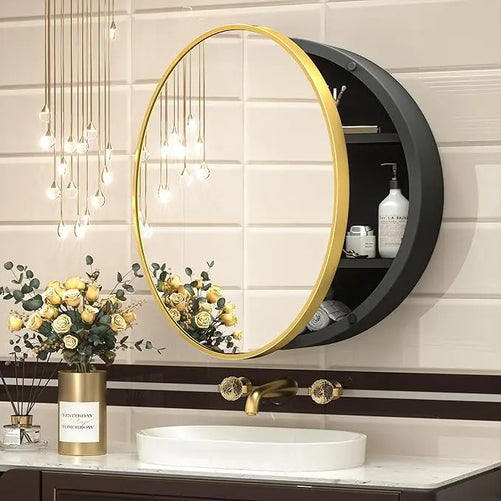 Round Bathroom Medicine Cabinet with Mirror – Metal Framed, Circular Farmhouse Design – Surface Mount Only – Small Wall-Mounted Vanity Mirror for Bathroom Storage & Stylish Décor