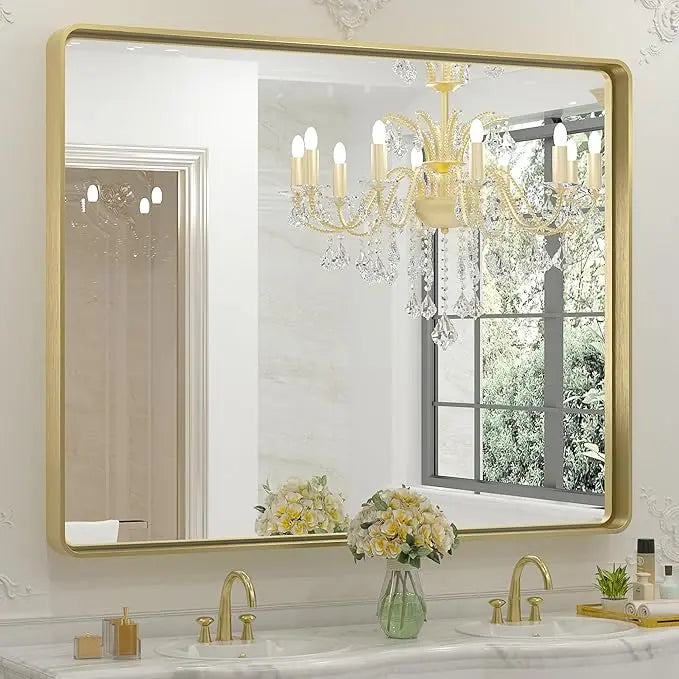 Framed Bathroom Wall Mirror with Non-Rusting Aluminum Alloy in Brushed Metal Finish – Stylish Modern Farmhouse Design for Bedroom, Living Room, or Bathroom