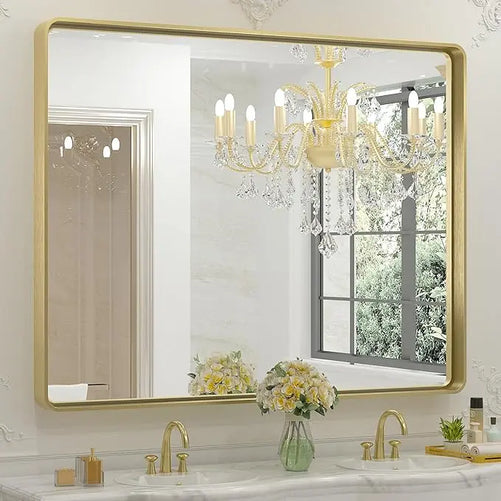 Framed Bathroom Wall Mirror with Non-Rusting Aluminum Alloy in Brushed Metal Finish – Stylish Modern Farmhouse Design for Bedroom, Living Room, or Bathroom