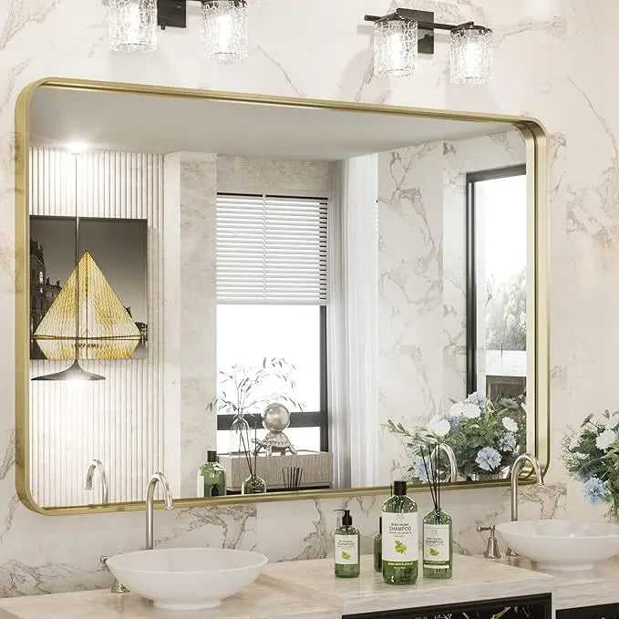 Framed Bathroom Wall Mirror with Non-Rusting Aluminum Alloy in Brushed Metal Finish – Stylish Modern Farmhouse Design for Bedroom, Living Room, or Bathroom