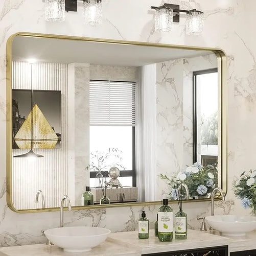 Framed Bathroom Wall Mirror with Non-Rusting Aluminum Alloy in Brushed Metal Finish – Stylish Modern Farmhouse Design for Bedroom, Living Room, or Bathroom