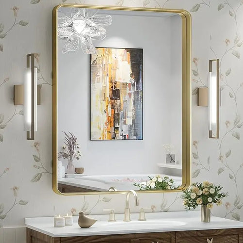 Framed Bathroom Wall Mirror with Non-Rusting Aluminum Alloy in Brushed Metal Finish – Stylish Modern Farmhouse Design for Bedroom, Living Room, or Bathroom