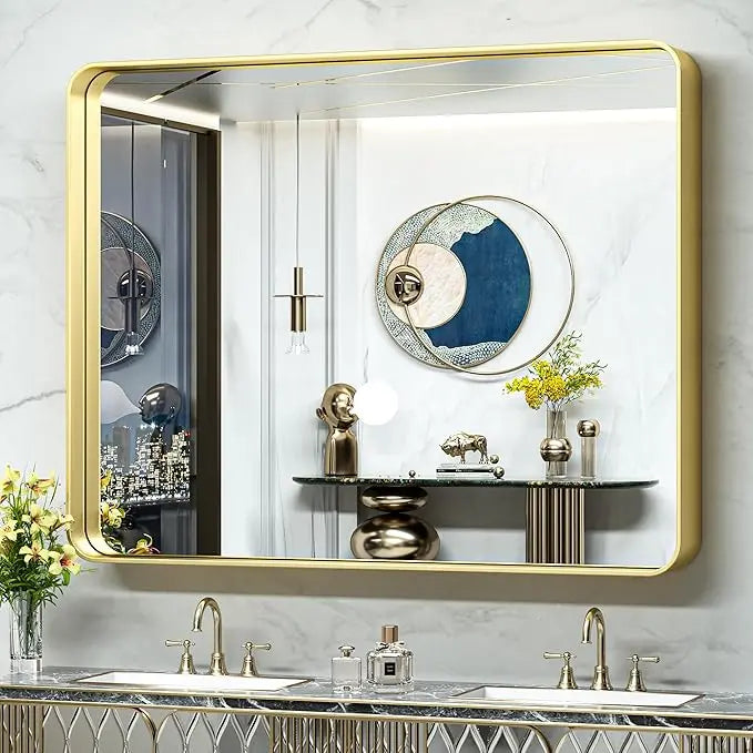 Framed Bathroom Wall Mirror with Non-Rusting Aluminum Alloy in Brushed Metal Finish – Stylish Modern Farmhouse Design for Bedroom, Living Room, or Bathroom