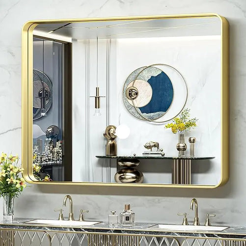 Framed Bathroom Wall Mirror with Non-Rusting Aluminum Alloy in Brushed Metal Finish – Stylish Modern Farmhouse Design for Bedroom, Living Room, or Bathroom