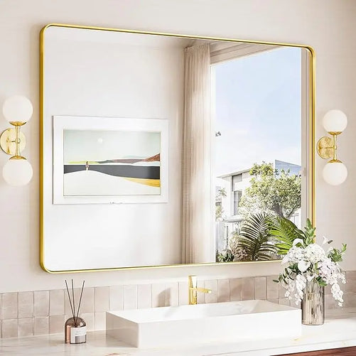 Framed Bathroom Wall Mirror with Non-Rusting Aluminum Alloy in Brushed Metal Finish – Stylish Modern Farmhouse Design for Bedroom, Living Room, or Bathroom