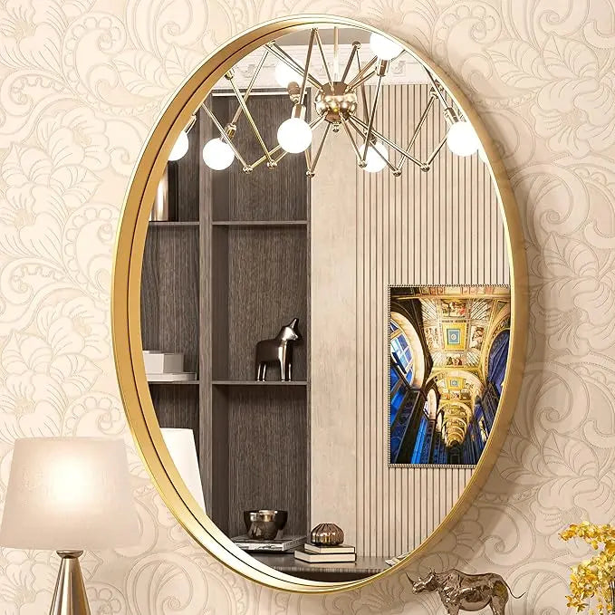 Modern Bathroom Oval Mirror with Non-Rusting Aluminum Frame – Wall-Mounted Vanity Mirror for Farmhouse or Minimalist Décor, Suitable for Vertical or Horizontal Installation