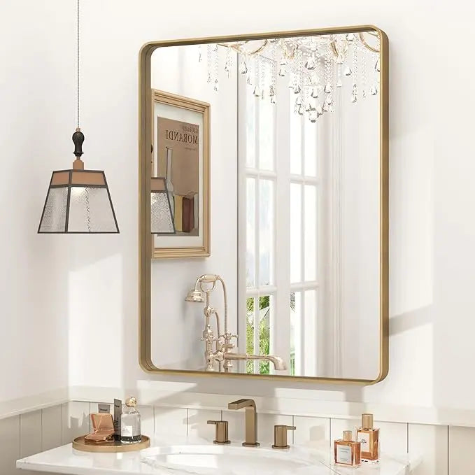 Aluminum Framed Bathroom Vanity Mirror – HD Tempered Glass Wall-Mounted Design, Ideal for Over-the-Sink Use, Supports Horizontal/Vertical Installation for Modern Décor