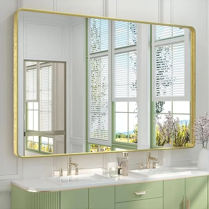 Framed Bathroom Wall Mirror with Non-Rusting Aluminum Alloy in Brushed Metal Finish – Stylish Modern Farmhouse Design for Bedroom, Living Room, or Bathroom