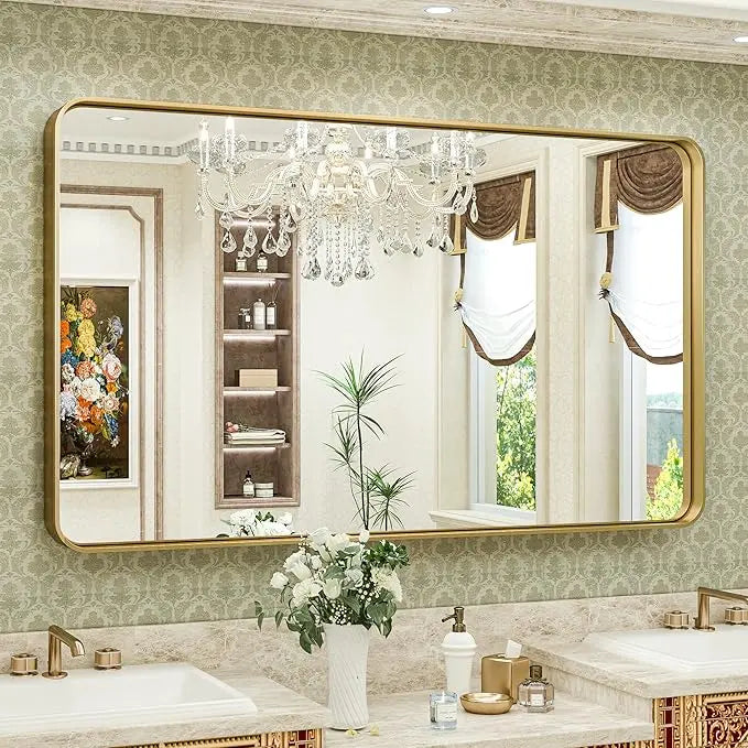 Framed Bathroom Wall Mirror with Non-Rusting Aluminum Alloy in Brushed Metal Finish – Stylish Modern Farmhouse Design for Bedroom, Living Room, or Bathroom