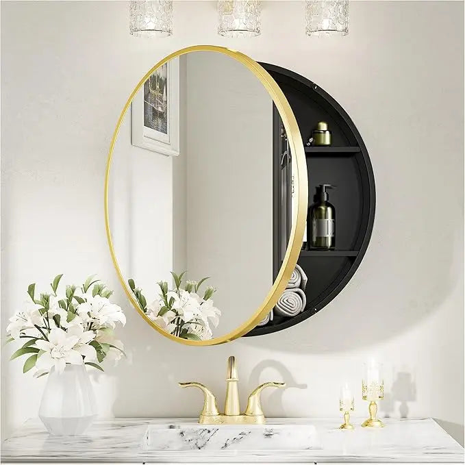 Round Bathroom Medicine Cabinet with Mirror – Metal Framed, Circular Farmhouse Design – Surface Mount Only – Small Wall-Mounted Vanity Mirror for Bathroom Storage & Stylish Décor