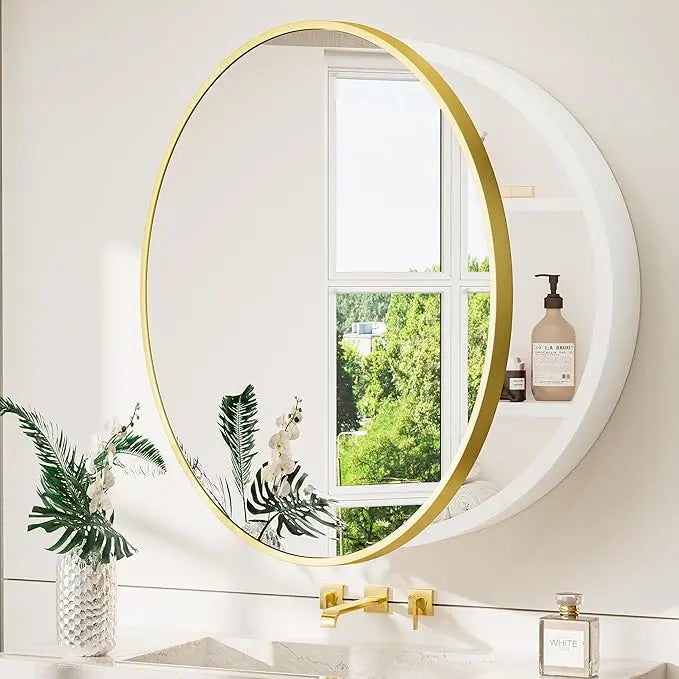 Round Bathroom Medicine Cabinet with Mirror – Metal Framed, Circular Farmhouse Design – Surface Mount Only – Small Wall-Mounted Vanity Mirror for Bathroom Storage & Stylish Décor