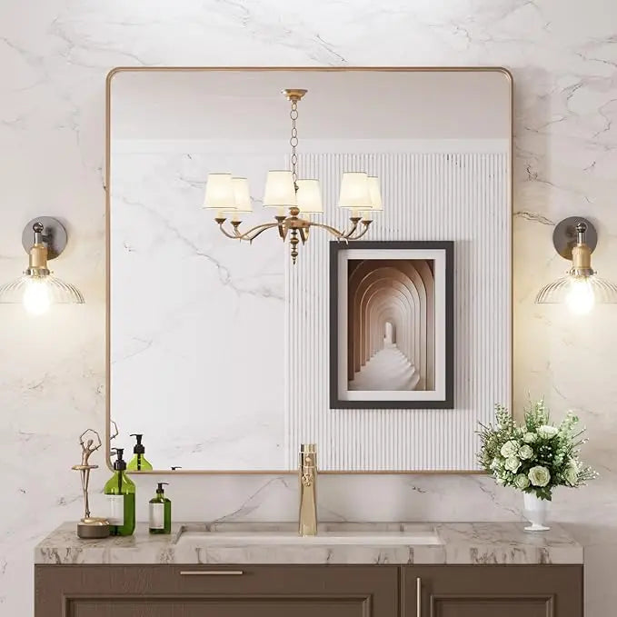 Framed Bathroom Wall Mirror with Non-Rusting Aluminum Alloy in Brushed Metal Finish – Stylish Modern Farmhouse Design for Bedroom, Living Room, or Bathroom