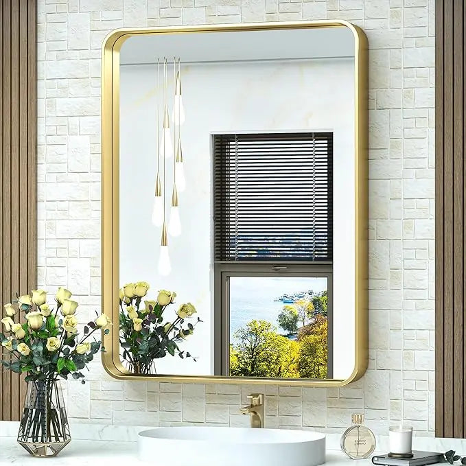 Framed Bathroom Wall Mirror with Non-Rusting Aluminum Alloy in Brushed Metal Finish – Stylish Modern Farmhouse Design for Bedroom, Living Room, or Bathroom