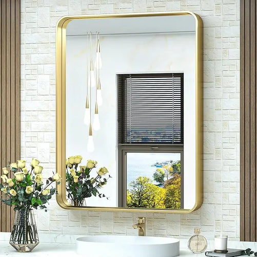 Framed Bathroom Wall Mirror with Non-Rusting Aluminum Alloy in Brushed Metal Finish – Stylish Modern Farmhouse Design for Bedroom, Living Room, or Bathroom
