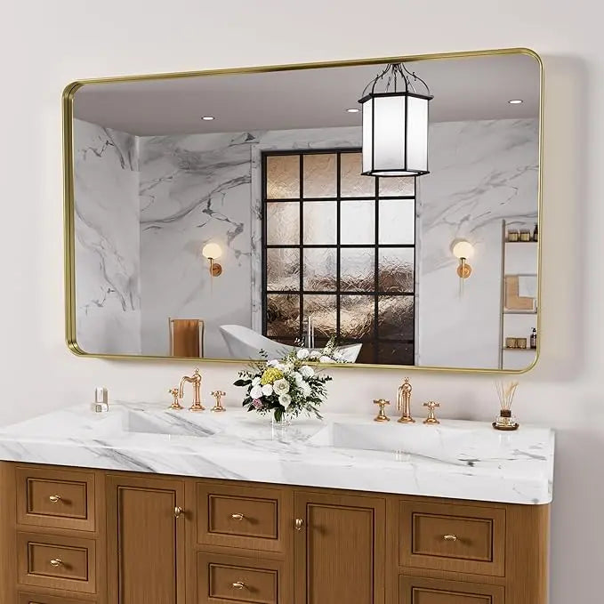Framed Bathroom Wall Mirror with Non-Rusting Aluminum Alloy in Brushed Metal Finish – Stylish Modern Farmhouse Design for Bedroom, Living Room, or Bathroom